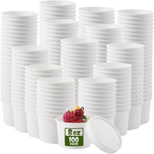 Fulmoon 100 Pack Paper Soup Containers with Lids Disposable Paper Food Containers with Vented Lid Kraft Ice Cream Cake Dessert Cups Soup Bowl for Party Hot Food Fruit Microwave(8 oz,White)