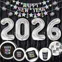 KatchOn, New Years Eve Party Supplies 2026 Silver - Pack of 11 | Happy New Year Decorations Kit | Garland, Confitti, Plates,2026 Balloons, Banner for NYE Decorations 2026 | Great NYE Decorations Pack
