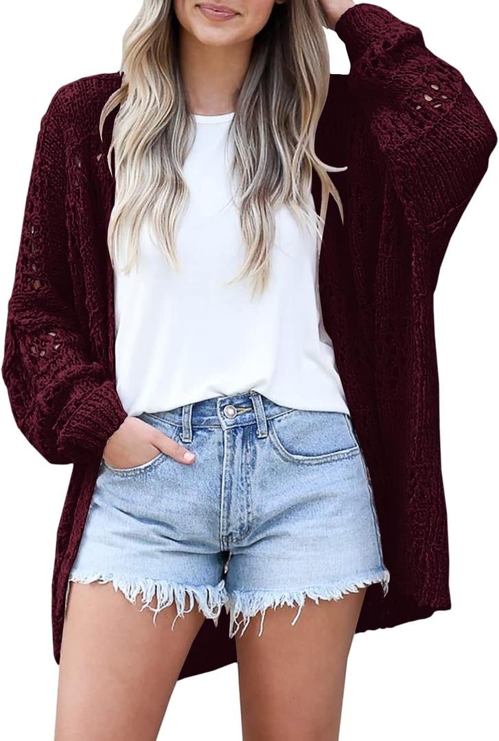 Ermonn Womens Crochet Cardigan Sweater Kimonos Boho Solid Color Oversized Fall Open Front Outwear (X-Large, Red)