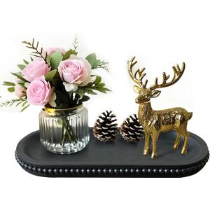 dwellington Wooden Farmhouse Decorative Tray, 12in Rustic Beaded Tray for Living Room Decor, Kitchen Table Dcor, Oval Coffee Table Serving Tray (Black)