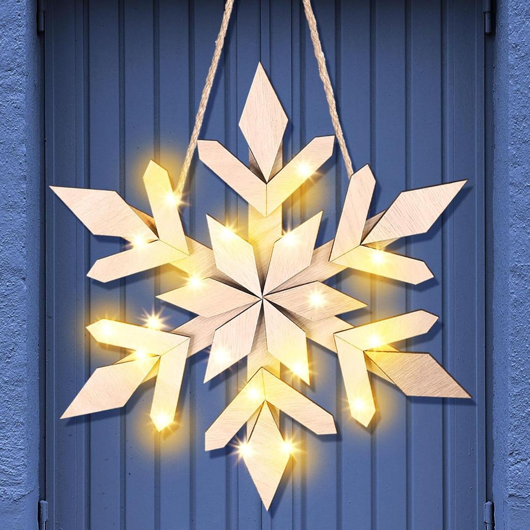Snowflake Wooden Door Sign with LED Light Winter Lighted Snowflake Wreath for Front Door Wall Porch Light up Flake Hanger for Winter Xmas Indoor Outdoor Window Decoration (Classic)