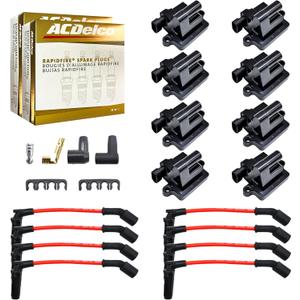 MAS Set of 8 Square Ignition Coil Pack UF271 & OEM ACDelco 6 Platinum Spark Plugs & 8.5mm Wires Compatible with Chevy Silverado Suburban Tahoe H2 GMC Yukon Sierra Envoy Replacement for 52-1618 5C1083
