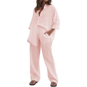 RAISECOM Women's 2 Piece Outfits Sets Button Down Half Sleeve Shirts and Long Pants Summer Casual Vacation Loungewear (Pink, S)