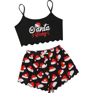 Cute Christmas Pajama Sets 2 Piece Women Satin Silk Crop Tops with Mini Shorts Pjs Set Round Neck Camisole Pj (Small, Black Santa Baby)