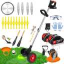 Electric Weed Wacker Eater Cordless, Weed Wacker Battery Powered, Weed Trimmer with 2 21V/2Ah Battery Operated & 15 Blades & Wheels, No-String Grass Trimmer/Brush Cutter/Edger for Garden Yard
