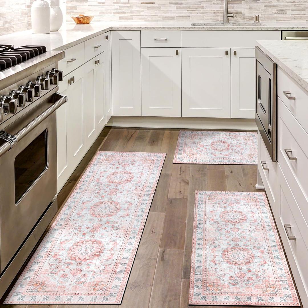 Rubber Kitchen Rugs Sets of 3 Non Slip Washable Mats Set for Home Kitchen Floor Decoration (Pink, 20"x32"+20"x48"+20"x59")