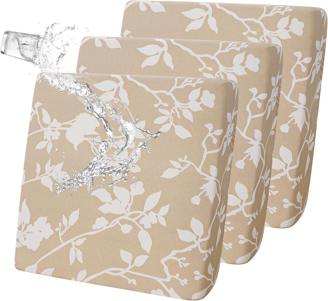 FORCHEER Waterproof Patio Cushion Covers, Floral Printed Stretch Outdoor Covers for Patio Furniture, Wicker Chair Cushion Covers Set of 3