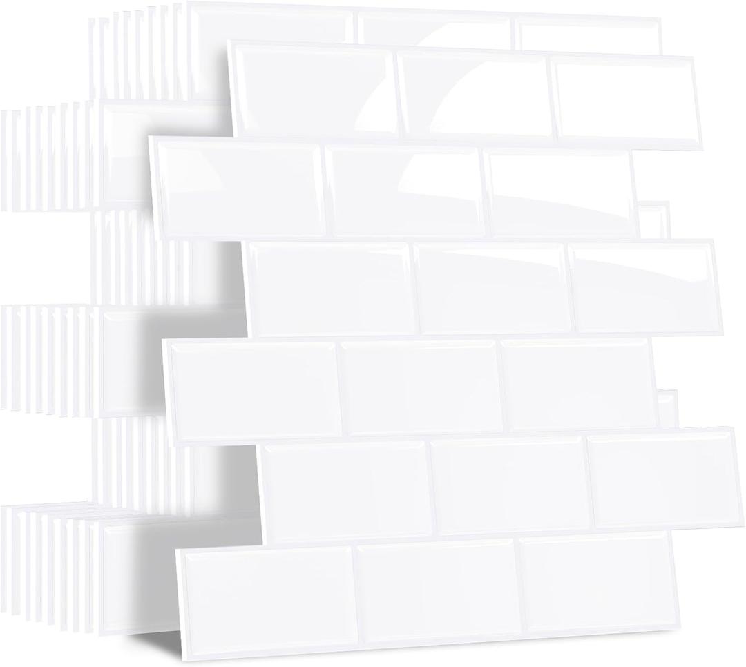 Yoillione Peel and Stick Backsplash for Kitchen: Self Adhesive Wall Tiles for Bathroom - 10 Sheets Vinyl Back Splash Tile Waterproof Bright White