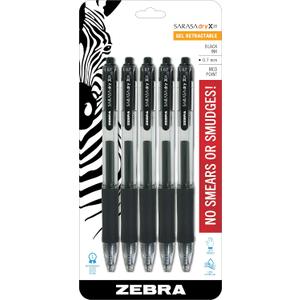 Zebra Pen Sarasa Dry X20 Retractable Gel Pens, 0.7mm Medium Point, Black Ink with Rapid Fast Dry Ink Technology, Ideal for the Left Handed, Elimates Smudging and Smearing in Seconds, 5-Pack (46855)
