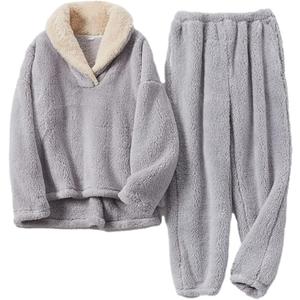 Peaceglad Mens Fluffy Coral Fleece Pajamas Set Pullover Pants Loose Plush Warm Loungewear Sleepwear (X-Large, Grey)