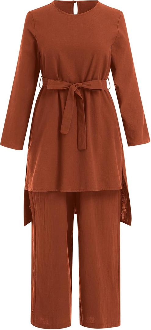 IDOPIP Women's Muslim Abaya Dress 2 Pieces Set Long Sleeve Button Down Shirt and Pants Casual Arabic Islamic Dubai Outfits (Red, M)