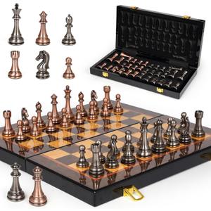 Luxury Metal Chess Set with 15 Inch Wooden Chess Board | Weighted Metal Chess Pieces | 2 Extra Queens | Professional & Tournament Style Chess Set for Adults | Elegant Game Room & Office Decor