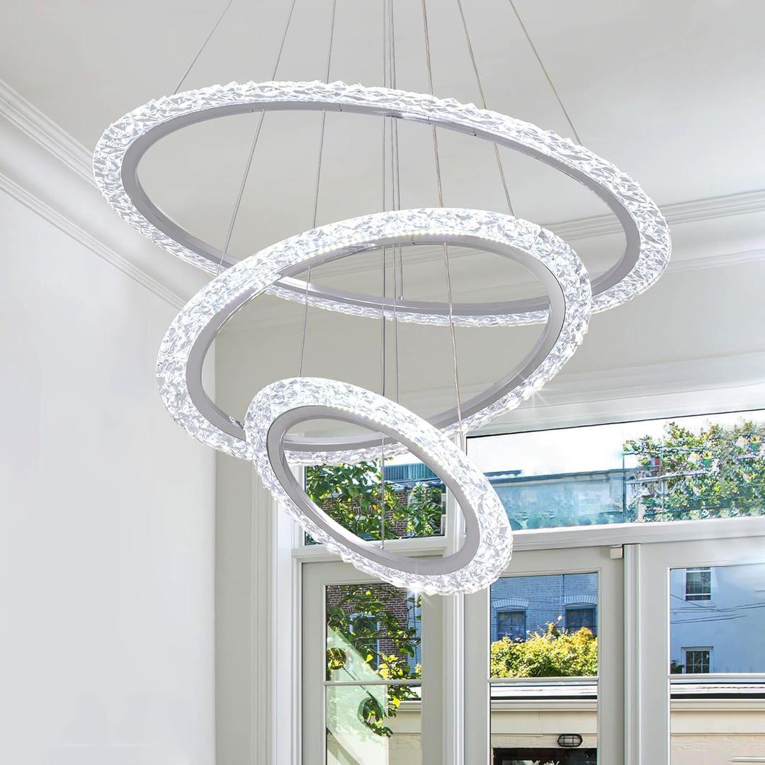 Modern LED Chandelier ." 3 Ring Crystal Chandeliers for Dining Room Ceiling Lighting Fixture Adjustable Height Round Pendant Lights Silver Ring Chandelier for Living Room Bedroom