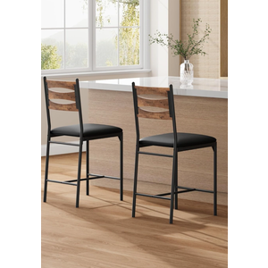 Bar Stools Set of 2, Wooden Barstools, Faux Leather Upholstered Bar Chair with Back & Footrest & Thick Cushion, Counter Height Bar Stools for Kitchen Island Apartment, Brown (2 Bar Stools)