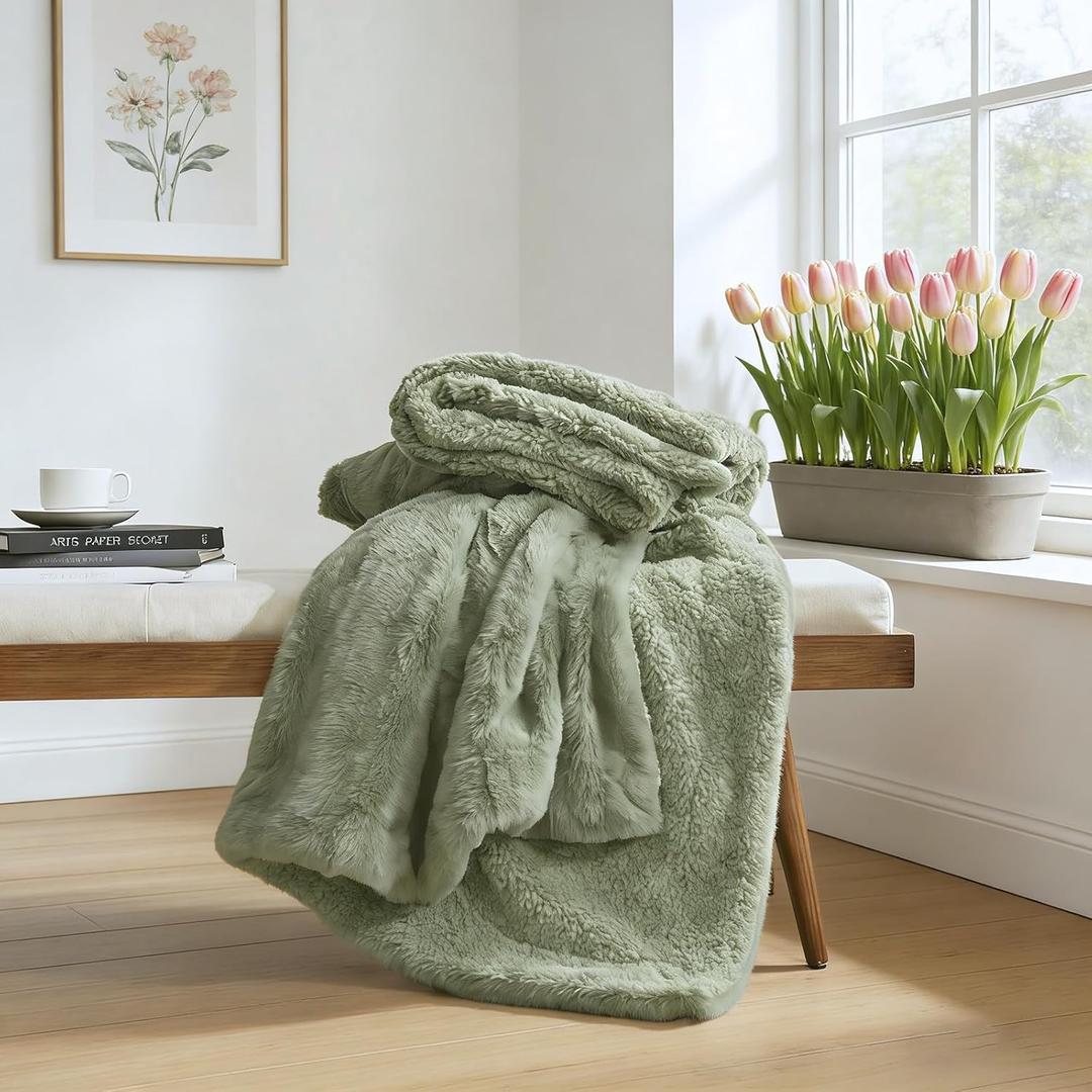COZYART Lint Free Faux Fur Sherpa Throw Blanket, Reversible Soft Fluffy Shaggy Microfiber, Warm Cozy for Couch Sofa Bed Home Decor, Sage Green 50x60 Inches