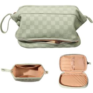 Abiudeng Large Capacity Makeup Bag Ladies Cosmetic Bag Travel Bag with Compartments Portable PU Leather Travel Makeup Bag with Handle (Checkerboard-Green)