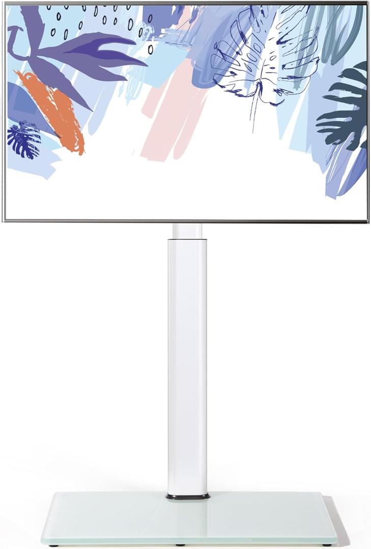 FITUEYES Floor TV Stand for 32 39 40 43 49 50 55 60 Inch TVs, TV Floor Stand with Swivel Mount, Max Holds 66lbs, White Glass Base, Height Adjustable TV Mount for Corner & Bedroom (None Shelf, White) (White)