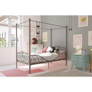 DHP Metal Canopy Kids Platform Bed with Four Poster Design, Scrollwork Headboard and Footboard, Underbed Storage Space, No Box Sring Needed, Twin, Pewter