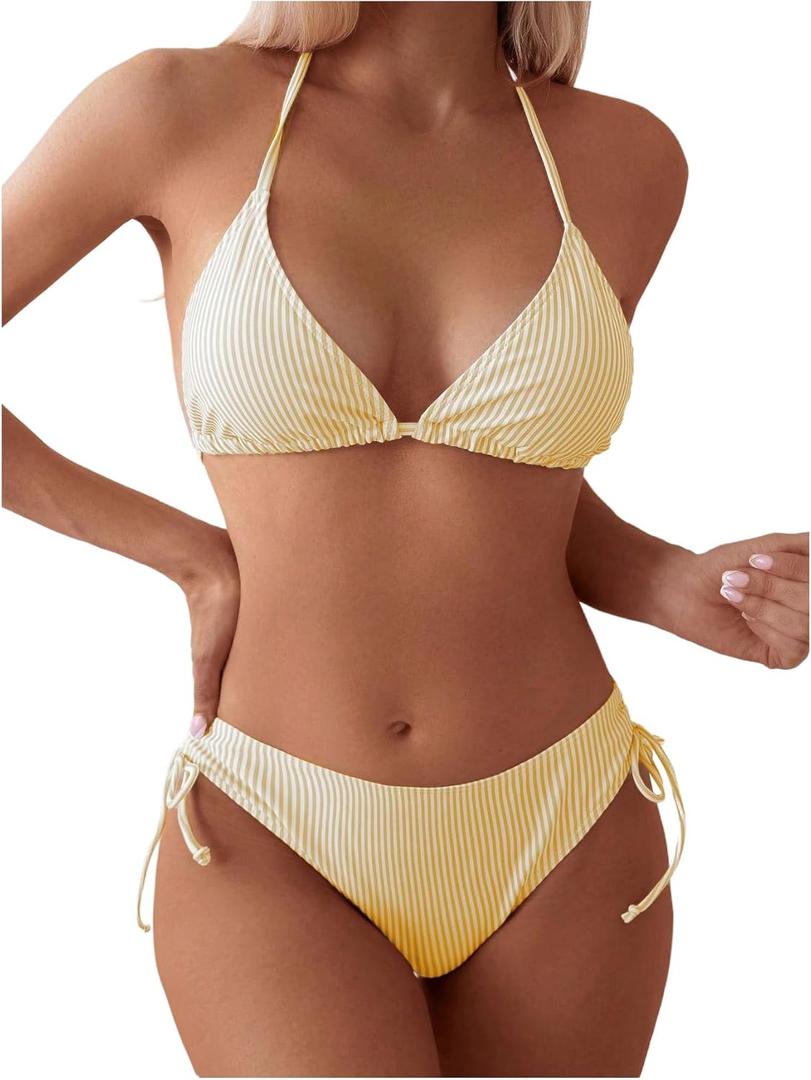 SweatyRocks Women's 2 Piece Bikini Set Striped Halter Triangle Swimsuit Backless High Cut Cheeky Bathing Suit (Yellow, L)