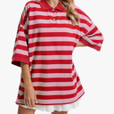 Womens Striped Polo T-Shirts Oversized Short Sleeve Top Cotton Color Block Loose Basic Tee Casual Tunics Summer Spring Tops, Size M