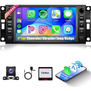 2+64G for Jeep Wrangler Chevrolet Chrysler JK Compass 300C RAM 1500 Dodge Journey Android13 Car Stereo WiFi Wireless Carplay Android Auto,7 Touch Screen GPS/Mirror Link/Bluetooth+ Backup Camera