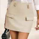 2 x Cicy Bell Mini Skirts for Women High-Waisted Zip Up Casual A-Line Spandex Womens Office Work Wear Faux Pocket (Beige)