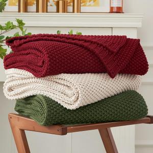 Chunky Cable Knit Throw Blanket Lightweight Wine red 100% Organic Cotton Blanket for Sofa Couch Bed Baby Nursery, Rustic Shabby Chic Modern Farmhouse, 60 x 80 Give Laundering Bag