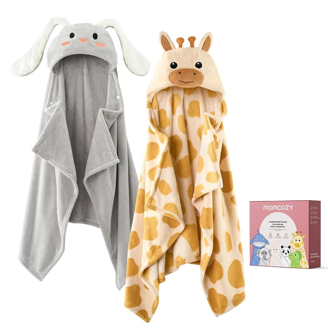 Momcozy Baby Bath Towels with Visualize Health Label - Ultra Soft & Absorbent Coral Fleece Hooded Towels for Newborn, Infant, Toddler (0-36 Months) Bath Essentials (Large Size, 2 Pack) (Giraffe and Rabbit)