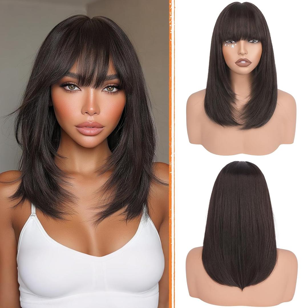 Haloo Brown Bob Wigs with Bangs Shoulder Length Straight Natural Looking Synthetic Heat Resistant Medium Hair Wigs for Women Daily Party, 16 Inch, Dark Brown