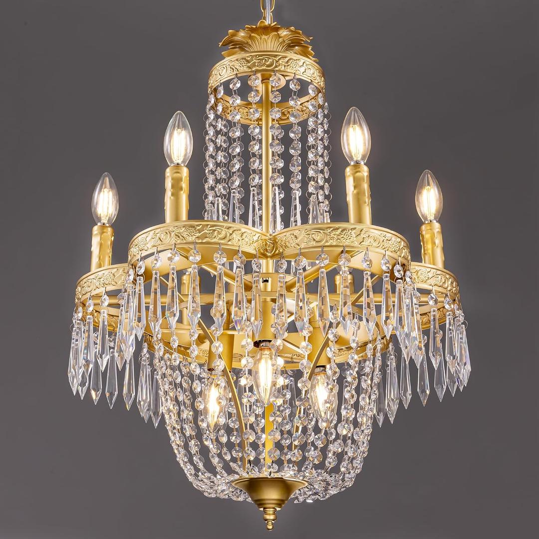 TOCHIC Gold Crystal Chandeliers for Dining Room, 9-Light French Empire Crystal Chandeliers for Entryway, 24" D Modern Luxury Ceiling Lighting Fixtures for Living Room Bedroom Kitchen Stairway Foyer, 19 inch