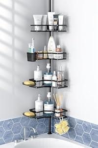 Corner Shower Caddy Tension Pole: 4tier adjustable Rustproof Bathroom Organizer Shelves - Bathtub shampoo rack 43.5-120 inch (Black)