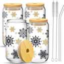 ZYLOSTORE Glass Cups With Lids and Straws, Iced Coffee Tumblers, Smoothie Cups Set, Cute Jars With Bamboo Lids - Christmas Gifts
