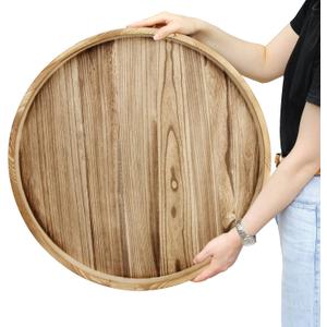 Round Ottoman Table Tray Round-24 - Rustic Wooden Serving Tray for Farmhouse Decorative Oversized Coffee Table Trays Living Room Kitchen Counter Breakfast Nature
