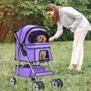 FDW Pet Stroller 4-Wheel Dog Cat Stroller Travel Folding Carrier Puppy Stroller with Cup Holder and Removable Liner for Small Medium Dogs Cats, Purple