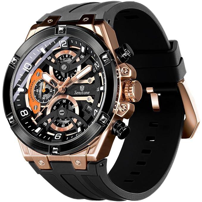 senstone Mens Watch with Rubber Strap Quartz Analog Multifunction Chronograph with Calendar Waterproof Silicone Band Sport Watch for Men Casual (Blue)
