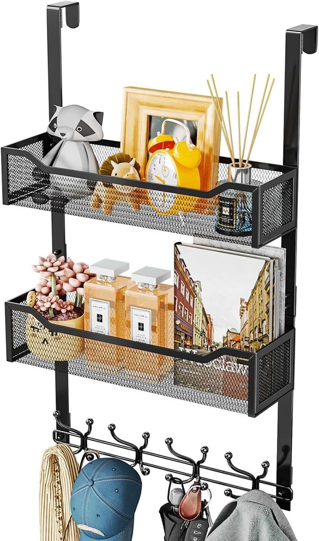 SWTYMIKI Over The Door Hooks Organizer - Multi-Functional Door Hanger with 16 Hooks & 2 Mesh Baskets, Long Coat Rack for Bathroom, Bedroom, Living Room, Home Storage Organizer, Black