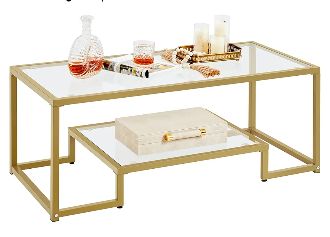 Yaheetech Gold Coffee Table, 42" Rectangular Glass Coffee Table for Living Room, 2-Tier Center Tea Tables with Metal Frame for Small Space, Apartment, Office