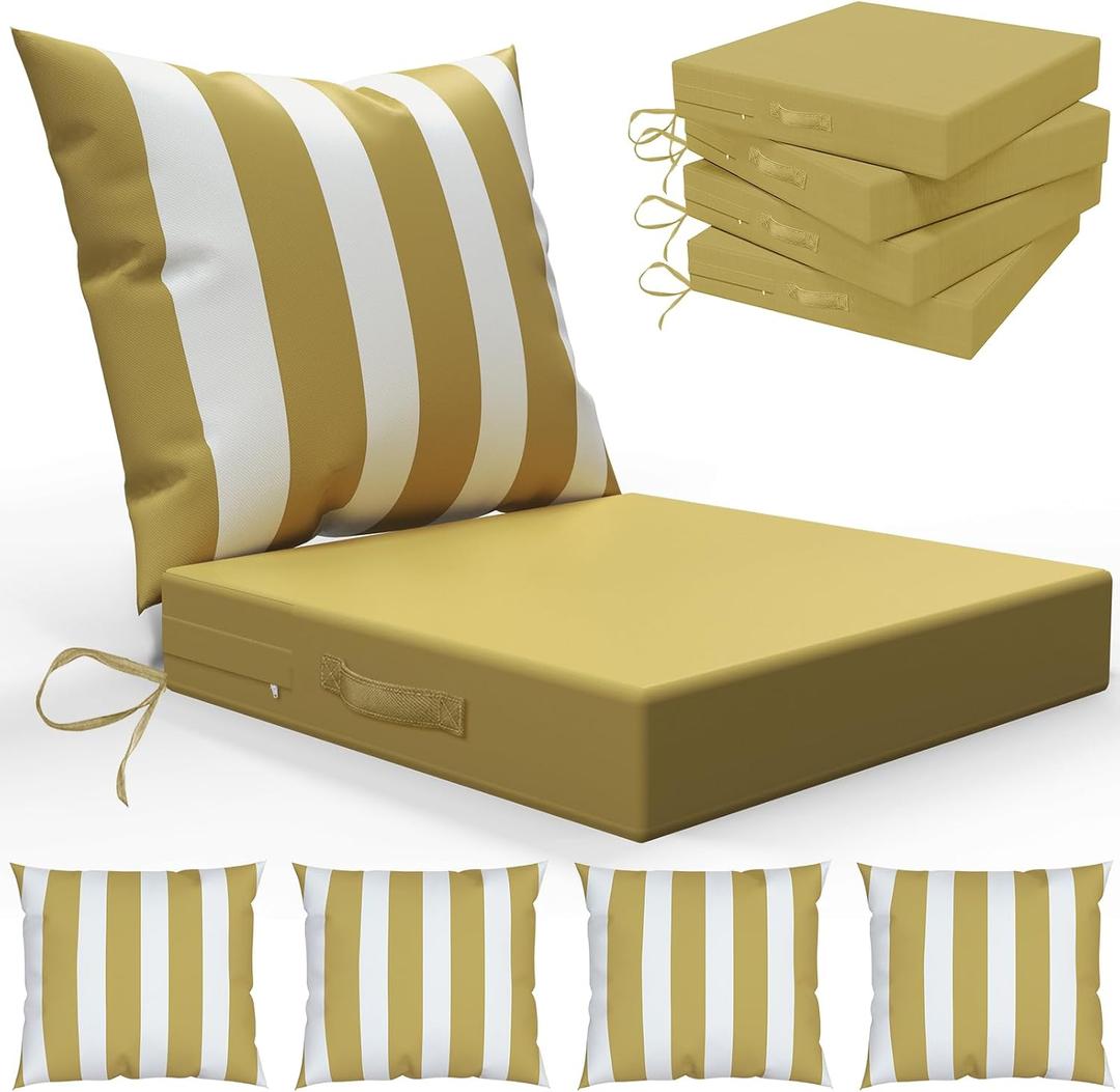 LAGRATY Outdoor Chair Cushions for Patio Furniture24" x 24" Deep Seat Cushions with Backrest for Couch Sofa Chair - Waterproof Fade-Resistant Patio Cushion (Set of 4,Khaki and White)