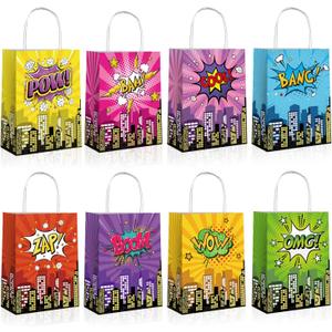 Lesnala 16Pcs Superhero party favors bags with handles 8 Styles Comic series goodie bags Kraft paper hero themed candy treat gift bags for Kids Birthday Party Baby Shower Decoration Supplies (multicolored)