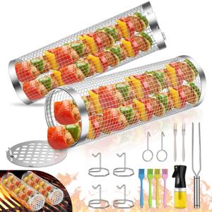 Grill Baskets for Outdoor Grill- 2 PCS, Rolling Grilling Basket, Stainless Steel BBQ Grill Mesh Grilling Accessories for Fish, Shrimp, Meat, Veggies, Fries, Grilling Gift for Men Dad Husband