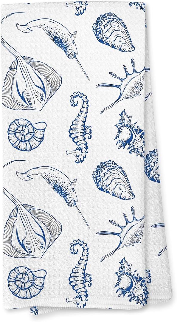Giosve Blue Coastal Beach Kitchen Towels, Ocean Beach Hand Towels for Bathroom, Seahorse Seashell Decor Dish Tea Towels for Kitchen, Ocean Coastal Bathroom Decor, 16x24 Inch