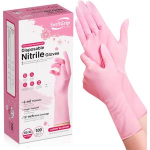 Disposable Nitrile Dishwashing Gloves, Extended 12 Inches Cuff, 6-mil, Cherry Blossom Cleaning Gloves, Latex-Free (Small)