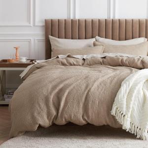 Bedsure Cotton Duvet Cover Queen - 100% Cotton Waffle Weave Khaki Duvet Cover Queen Size, GentleSoft and Breathable Tan Bedding Set for All Season, 3 Pieces, 90"x90"