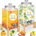 FillTouch 2 Set 1.5 Gallon Glass Beverage Dispenser with Wooden Stand Large Water Drink Dispensers for Parties with Leakproof Stainless Steel Spigot Glass Lid for Water, Juice, Iced Tea