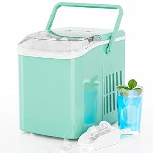 DUMOS Countertop Ice Maker with Handle, 26lbs/ 24H Portable Ice Machine, 9 Bullet Ice Cubes Ready in 6 Mins, Self-Cleaning, Quiet Compact Ice Maker for Home, Kitchen, RV, Camping, Green