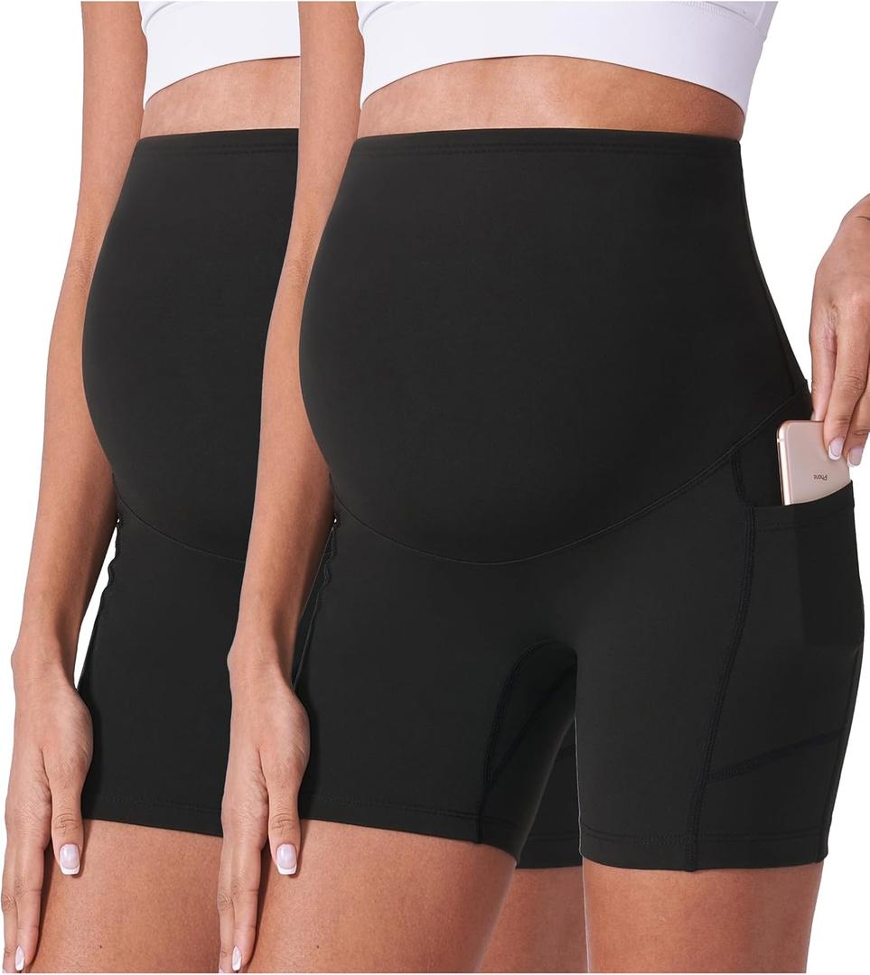 POSHDIVAH Maternity Shorts for Women Over Belly Biker Workout Yoga Active Summer Pregnancy Running Short Leggings 5" (Large, 2pcs Black 5")