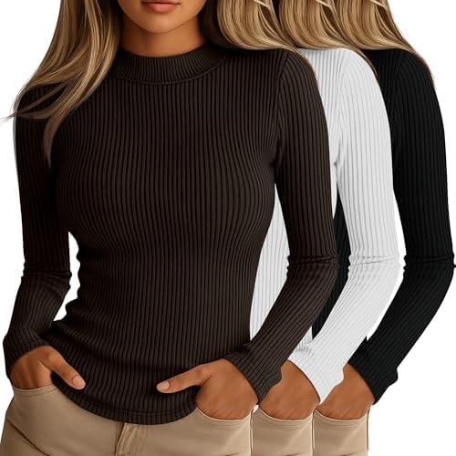 Riyiper 3 Pack Women's Ribbed Shirts, Mock Turtleneck Long Sleeve Tops Slim Fitted Undershirts Casual Basic Layering Tees, Size XL, Black, Brown, White