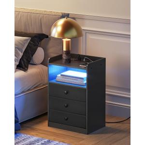 Nightstand with Charging Station and LED Light, Side Table with 3 Fabric Drawers Chest, End Table with USB Ports and Outlet, Bedside Table for Living Room, Bedroom, Black MBZ04UDBB
