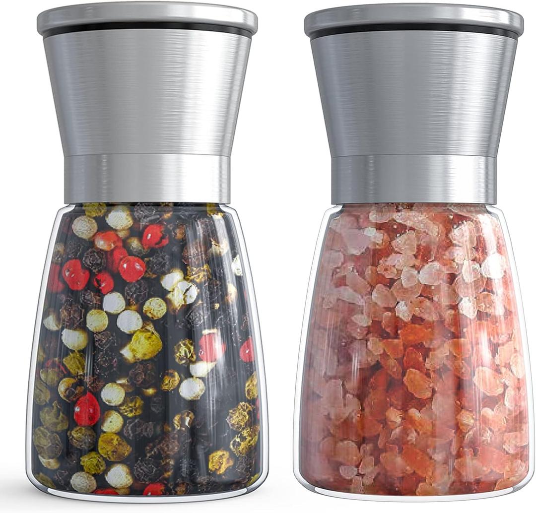 Ebaco Salt and Pepper Grinder Set - Refillable Grinder Adjustable Coarseness of Pepper Salt Spice Stainless Steel Mills Glass 6oz2 Pack (2pcsSliver-1)