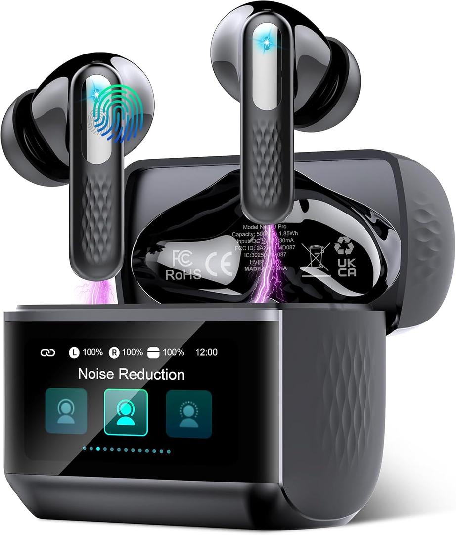 Wireless Earbuds with Touch Screen, Bluetooth 5.4 Headphones, ANC/ENC Noise Cancelling, 48H HiFi Stereo Bluetooth Ear Buds with 5 EQ Modes, Transparency Mode, IPX7 Earphones, Black
